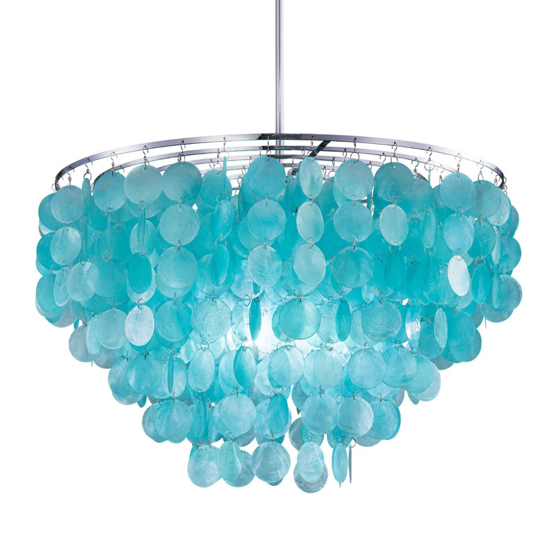 Esmeralda 6-Light Modern Capiz Shell Chandelier Hanging Light Pendant Ceiling Lighting, Blue Green, Nickel
