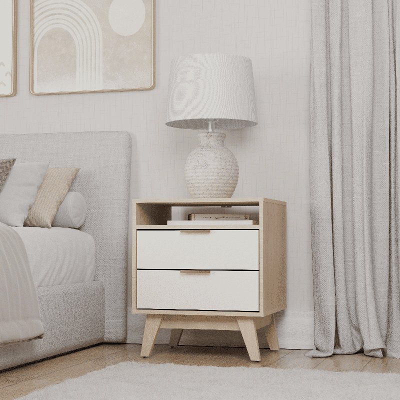 Table de chevet à 2 tiroirs avec tablette ouverte, largeur 20,79 po Copenhagen, Chêne blond / crème