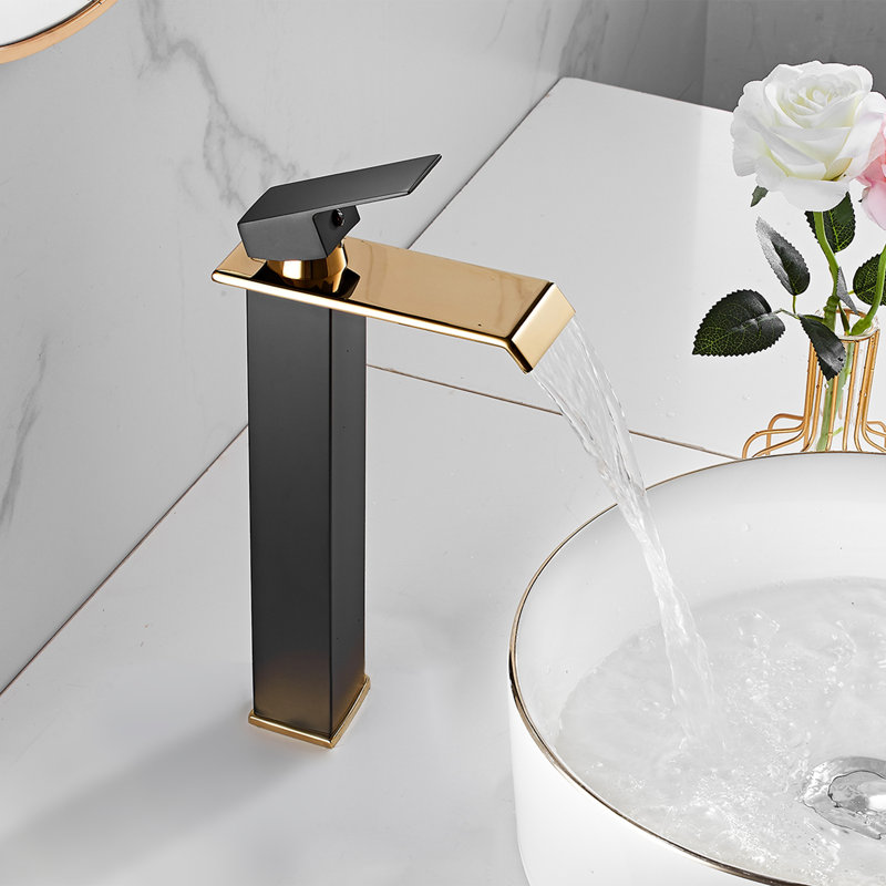 Waterfall Vessel Sink Faucet One Hole Bathroom Faucet with Drain Assembly, Black/Gold