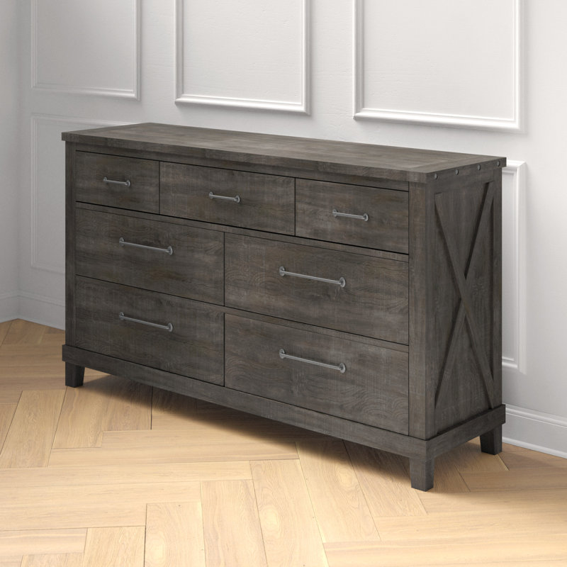 Commode double en bois massif à 7 tiroirs 62 po Duvall, Café / Robuste