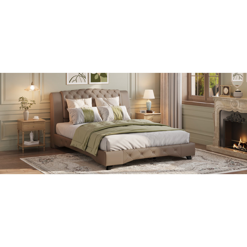 Lit plateforme tapissier néo-classique Aurelia, Très grand lit, Brun