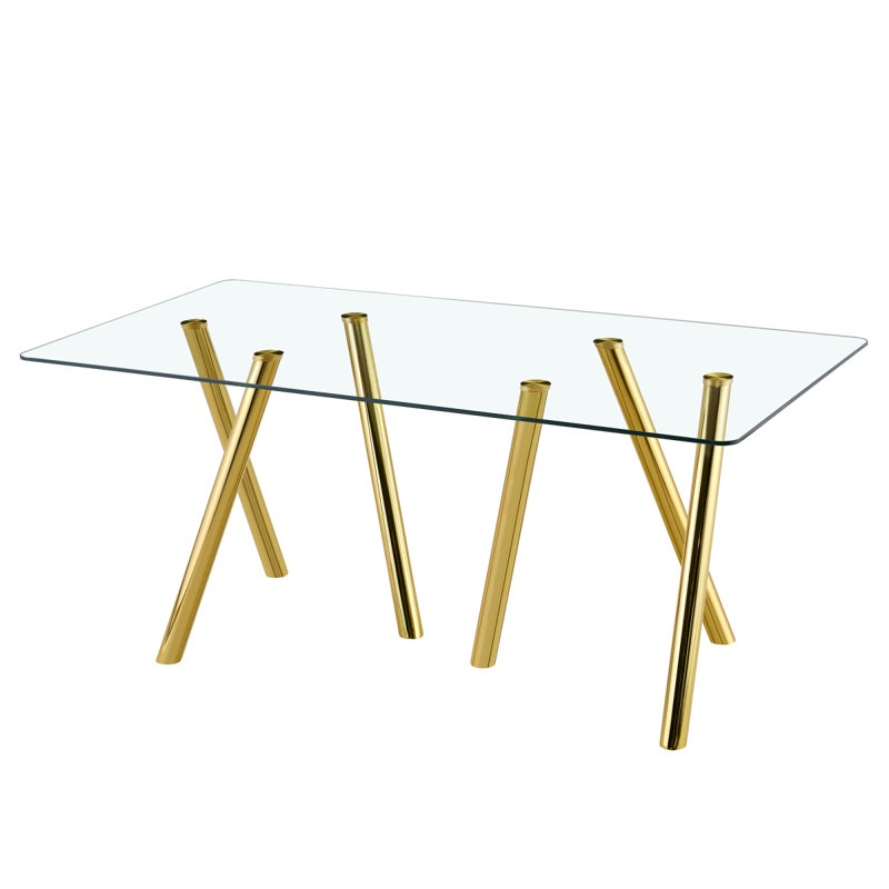 71-Inch Tempered Glass Dining Table With Sturdy Metal Legs, Gold