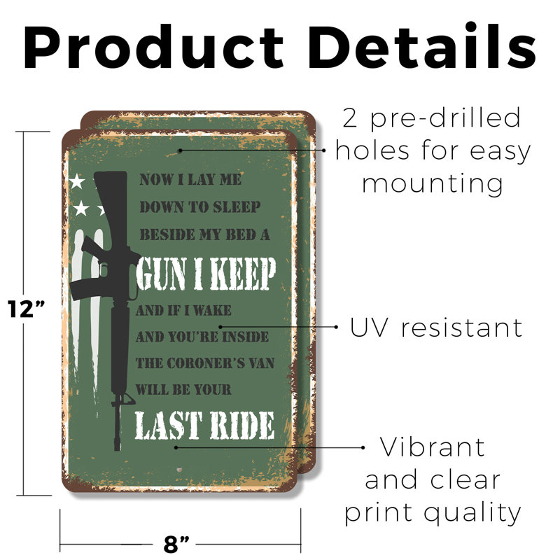 Enseigne en plastique «Beside My Bed a Gun I Keep» (paquet de 2) 8 po x 12 po