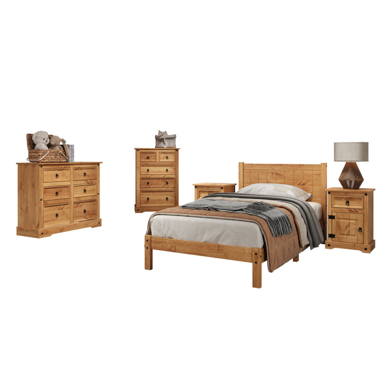 Ensemble de chambre à coucher 4 pièces, une table de chevet, un lit, une grande commode et une large commode en bois massif Lindall