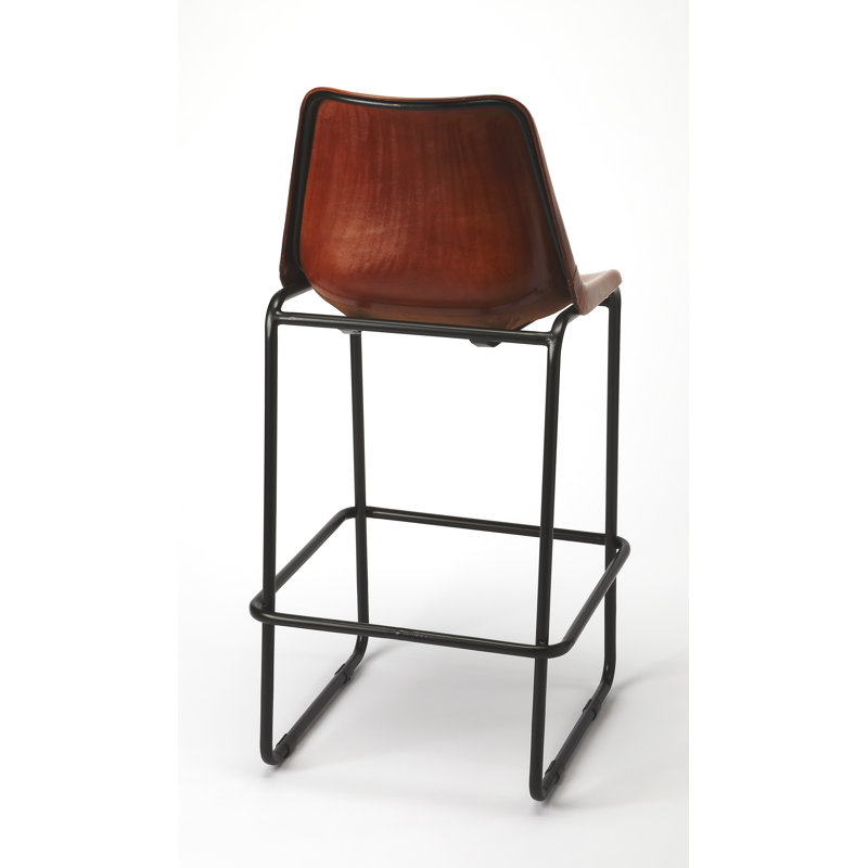 Atley 28'' Brown Genuine Leather and Iron Bar Stool