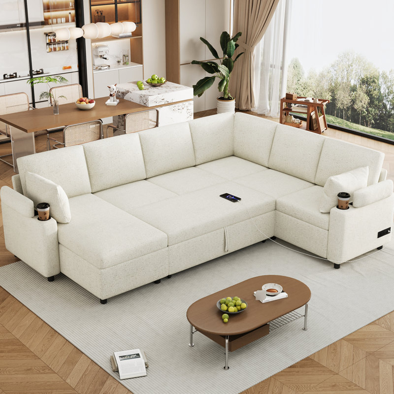 Lit beige avec rangement caché et ports de chargement