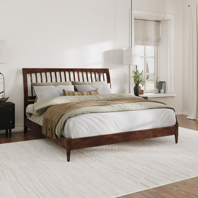 Ambie Solid Wood Low Profile Platform Bed with Built-in Charging Station, King, Walnut
