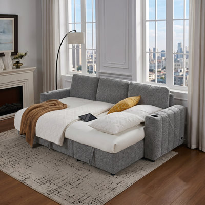 Noemi 96" Boucle Reversible Sleeper Sectional with Storage Chaise, Modern Convertible L-Shaped Sofa with Built-In Outlets