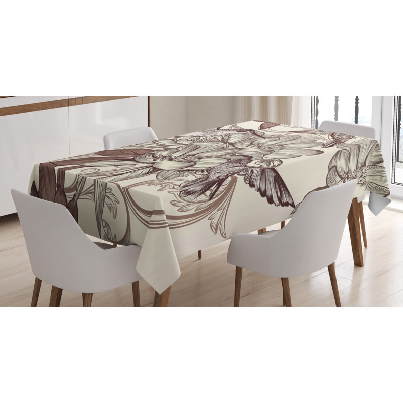 Ambesonne Hummingbirds Tablecloth, Pattern With Birds And Flowers Classic Style Ornamental Design Floral Print, Rectangular Table Cover For Dining Room Kitchen Decor, 52" X 70", Ivory Brown