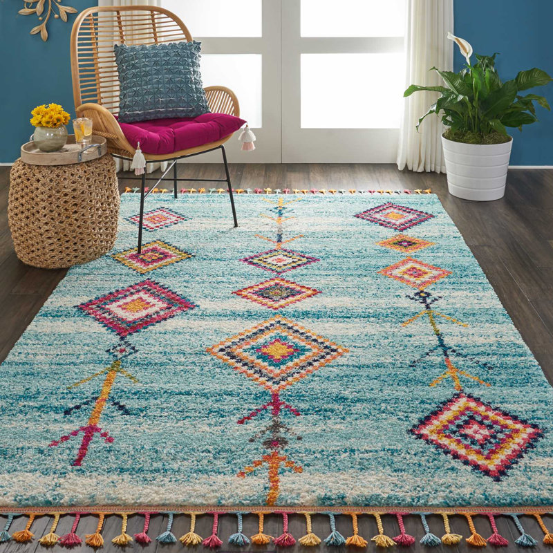 Tapis turquoise Lucina Tribal Bohemian, Rectangle 3 pi 11 po x 6 pi