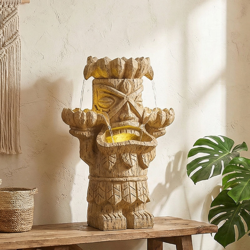 Polynesian Style Outdoor Fountain With Warm LED Lights For Garden, Patio, Or Courtyard, Corrosion-Resistant & Weather-Resistant Statue