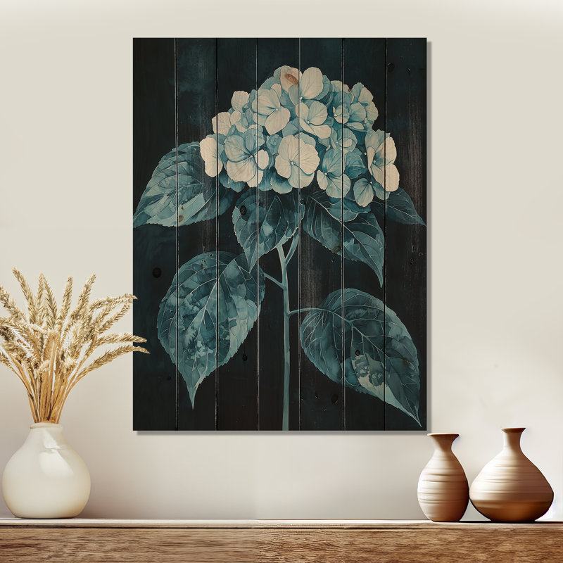 Hortensias monochromes dans l'ombre du jardin II - décoration murale en bois d'hortensias - sur bois de pin naturel