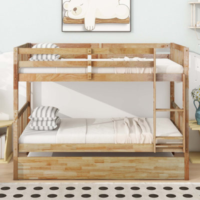 Convertible Rubber Wood Bunk Bed with Trundle and Safety Guardrails