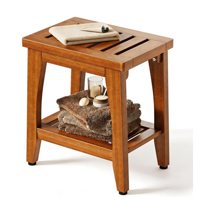 14" Solid Wood Shower Bench with Storage Shelf