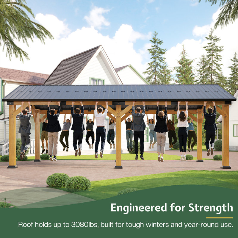 Woodland Haven AMERLIFE 12'x24' Cedar Wood Hardtop Gazebo with Steel Roof, Waterproof Outdoor Carport Pavilion, Heavy-Duty Snow & Wind Resistant Canopy for Patio, Driveway, Garden