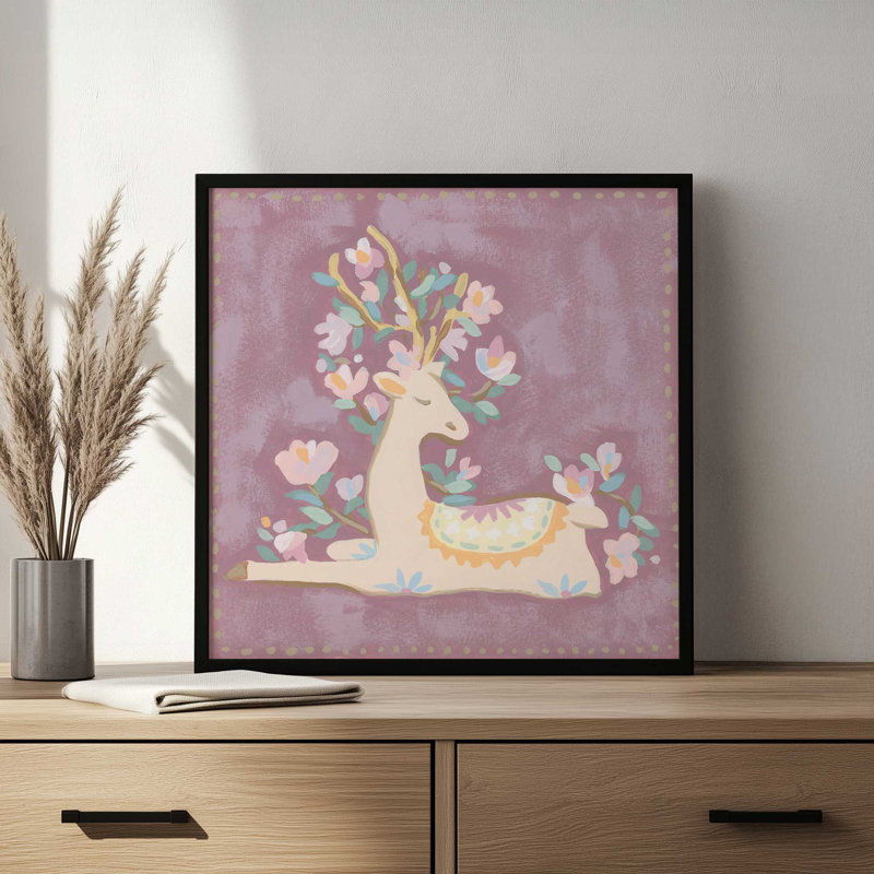 «Folkloric Reindeer II» par June Erica Vess, reproduction d'art, H 12 po x l 12 po, Doré