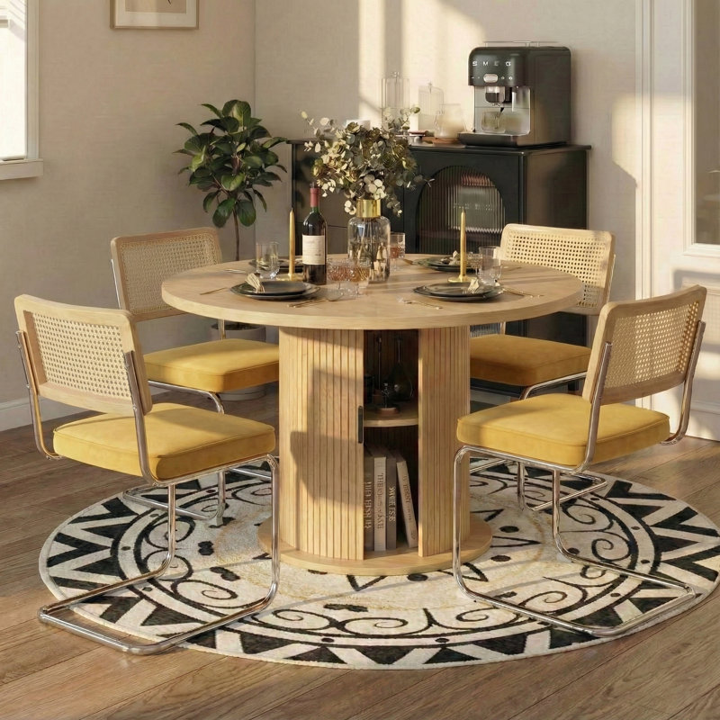 Ensemble de salle à manger à piédestal rond 5 pièces avec chaises Cantilever, Jaune
