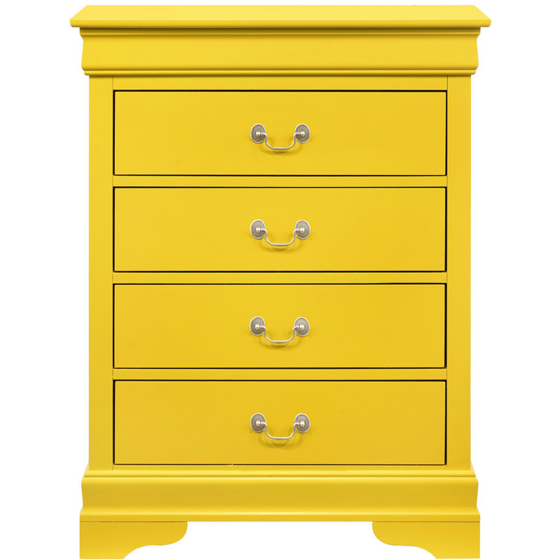 Commode de rangement jaune pour chambre à coucher - G3102 Tiroirs à queue d'aronde anglaise pour la stabilité 4 tiroirs décoratifs traditionnels avec éléments de base décoratifs Moulures courbées Combinaisons robustes