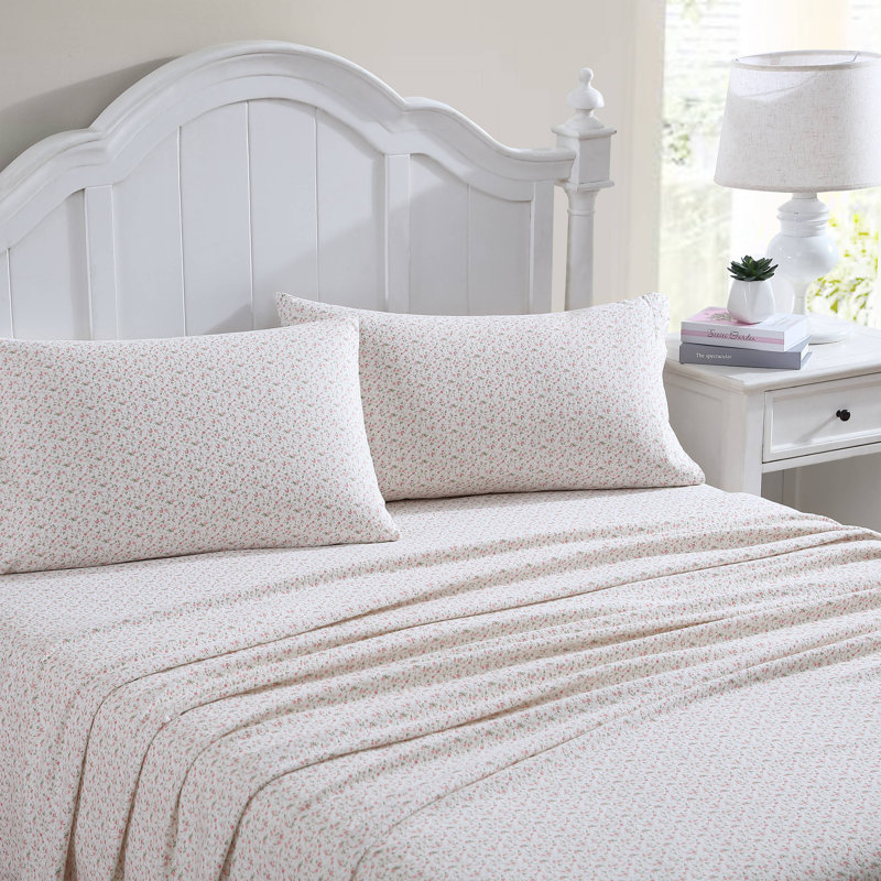 Ensemble de draps en flanelle de coton brossé, Ensemble de draps pour très grand lit avec 2 taie, Rose Evie
