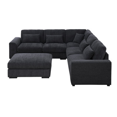 Upholstered L-Shaped Corner Sectional Dark Grey Fabrics Sofa With Ottoman