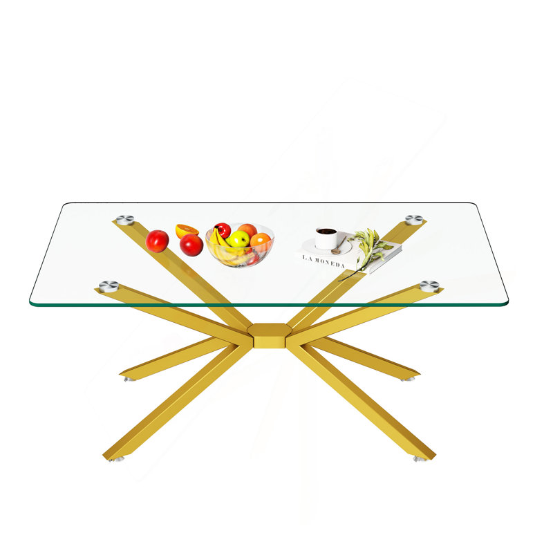 Table de salle à manger rectangulaire en verre trempé transparent, conception élégante avec pieds en métal, table de cuisine pour la salle à manger