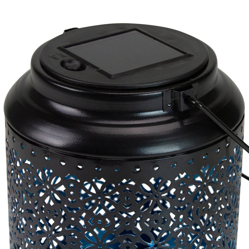 7" Black Floral LED Solar Outdoor Lantern with Handle