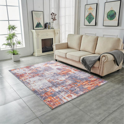 Tapis gris et rouille à motif abstrait lavable à la machine