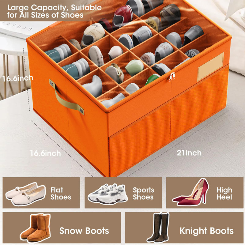 Large Orange Shoe Organizer Box with Clear Cover and Adjustable Dividers