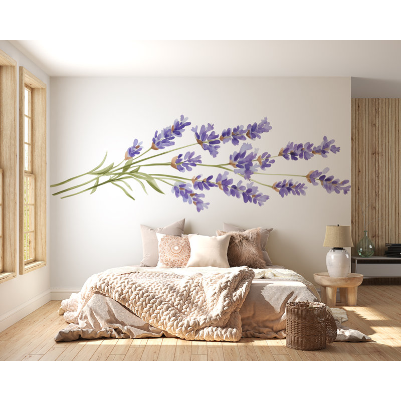 Adhésif décoratif lavande, art mural de grande chambre à coucher florale, tête de lit amovible inspirée de la Provence 115Mv
