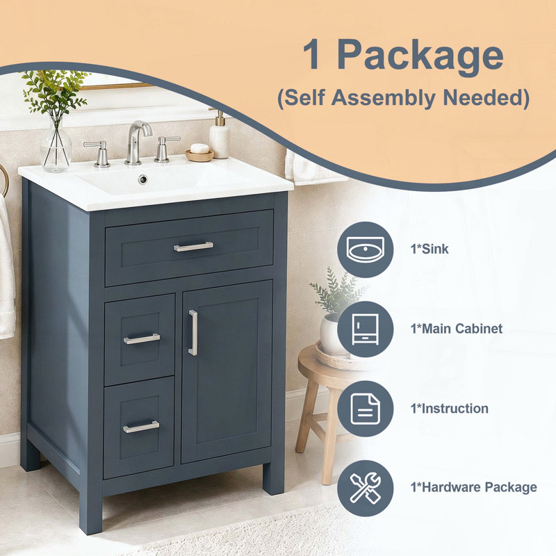 Meuble-lavabo de salle de bain de 24 pouces avec lavabo en céramique, Blue
