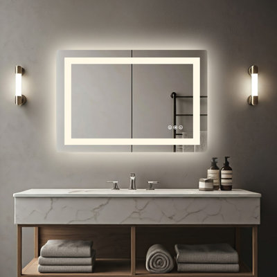 Anti-Fog Dimmable Bathroom LED Vanity Mirror, Rectangular Frontlit＆Backlit Wall Mount Mirror Colour Adjustment Shatterproof Tempered Glass
