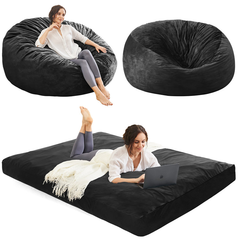 Memory Foam Filled Bean Bag Chair With Soft Removeable Cover - Convertible Bean Bag Bed, 28" H x 54" W x 54" D
