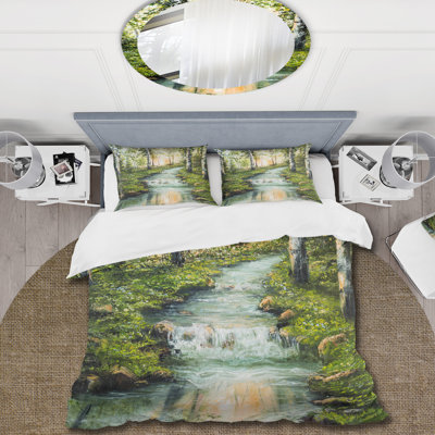 River Through Birch Forest - Lake House Duvet Cover Set - Microfiber Polyester