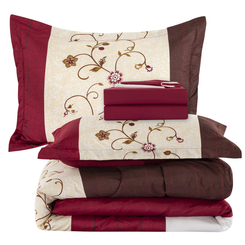 Marina Decoration Home Decor Bedding Comforters Duvet Soft Fluffy Goose Down Alternative Bed In A Bag 7 Piece Printed Comforter Set with 4 Piece Sheet Set, Modern Burgundy Cosmos Floral Queen Size