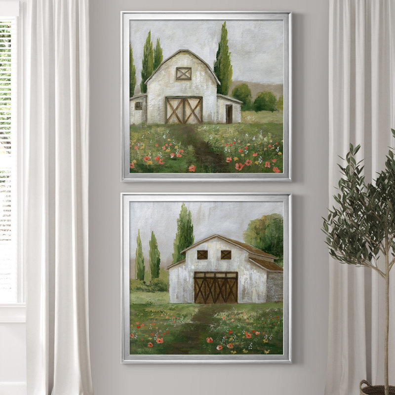 Country Barn I - ensemble de 2 reproductions d'art, Pas de tapis, H 22,5 po x l 45 po x P 1,5 po, Toile avec cadre argenté