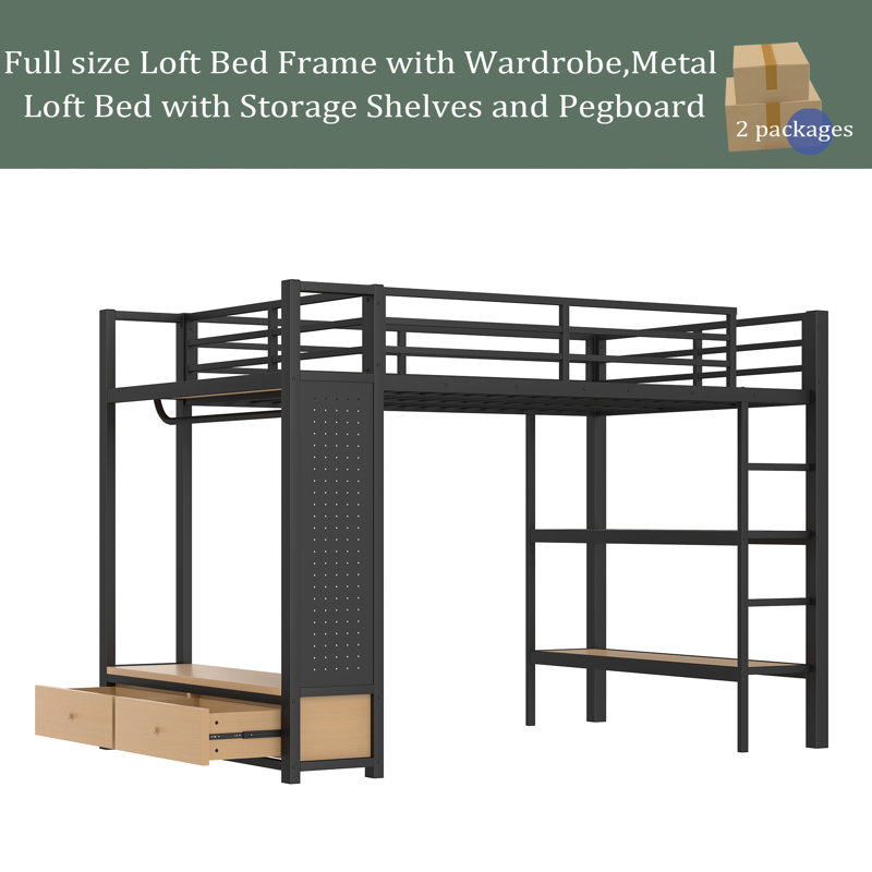 Loft Bed Frame With Wardrobe,Metal Loft Bed With Storage Shelves And Pegboard, Full