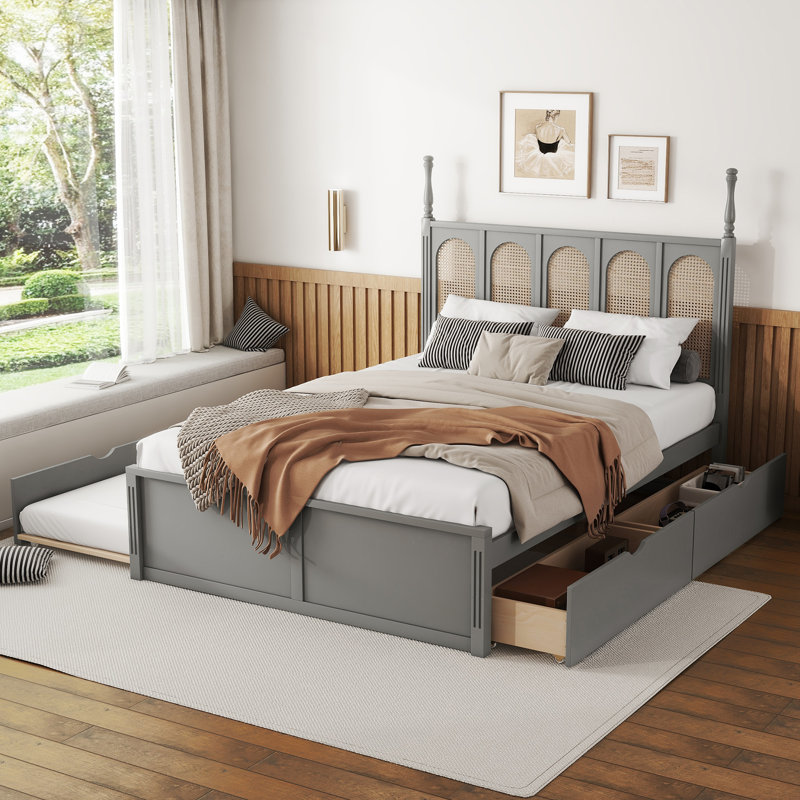 Lit plateforme en rotin avec 2 grands tiroirs, lit gigogne de taille T,, Gris