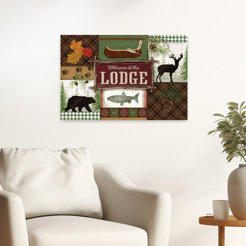 «Welcome To The Lodge», art abstrait, paysage contemporain, ours, cerf, poisson, H 16 po x l 24 po