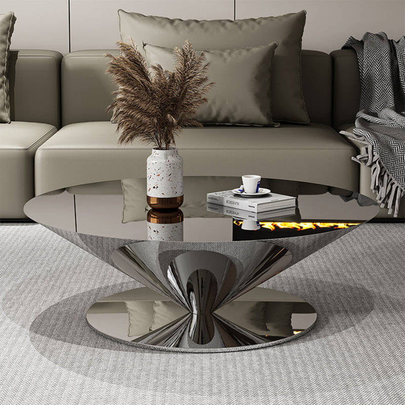 Stainless steel floating saucer coffee table, 13.8" H x 31.5" L x 31.5" W