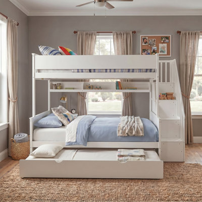 White Solid Wood And MDF Frame Full XL Over Queen Bunk Bed With Storage Shelves, Staircase, Trundle And LED Light