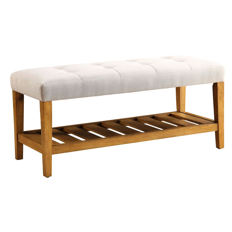 Banc moderne gris avec structure en chêne robuste et rangement de style contemporain avec capitonnage