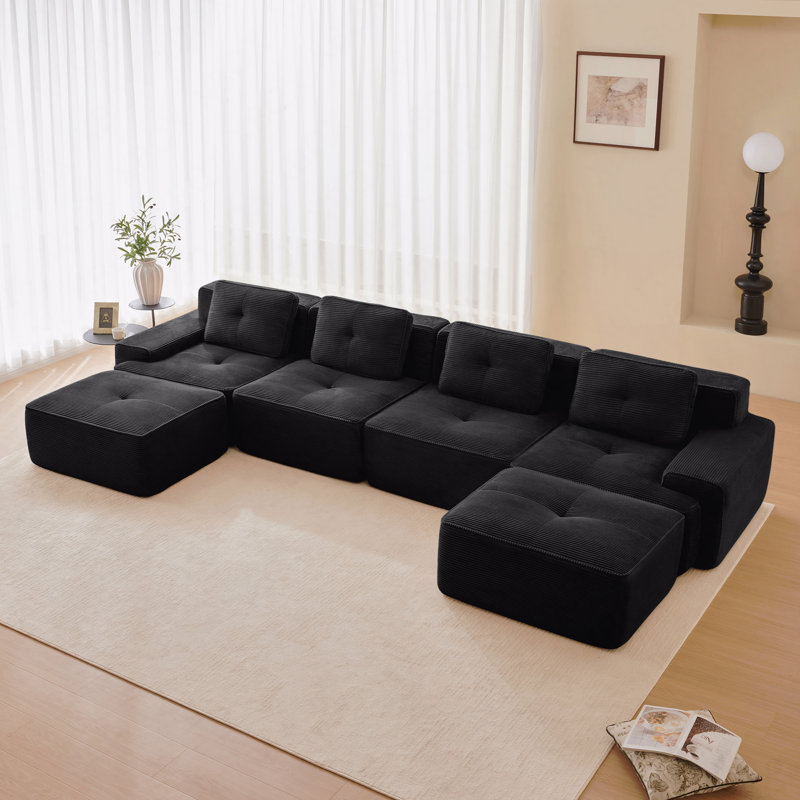 Canapé modulaire en U idéal pour les week-end relaxants Canapé modulaire modulaire en U de 153 po pour le salon, tissu en velours côtelé, canapé à 4 places avec siège profond et repose-pieds mobile 2, passepoil perlé, conception capitonnée, sans assemblage Conception à glissement