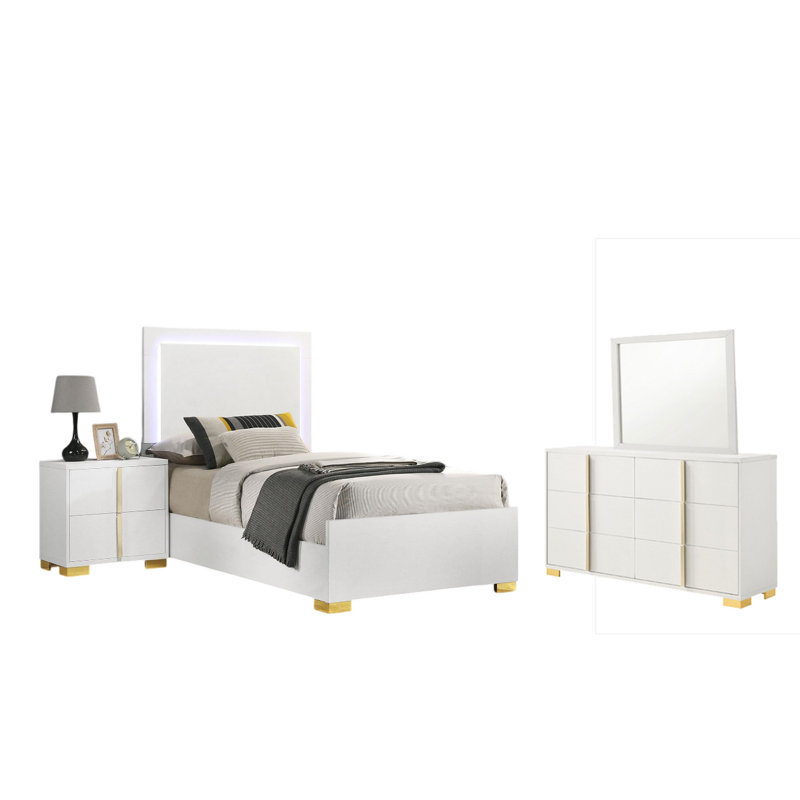 Ensemble de chambre à coucher 4 pièces Dex, détails dorés, tête de lit à DEL, Simple, Blanc