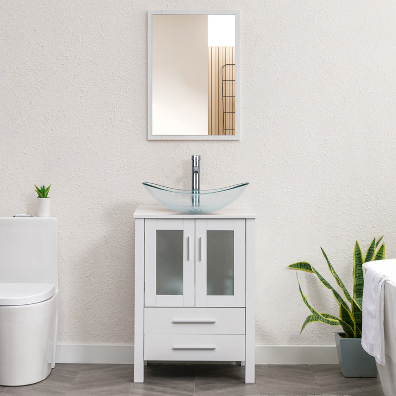 Azaree 24'' Single Bathroom Vanity with Manufactured Wood Top, White, Clear