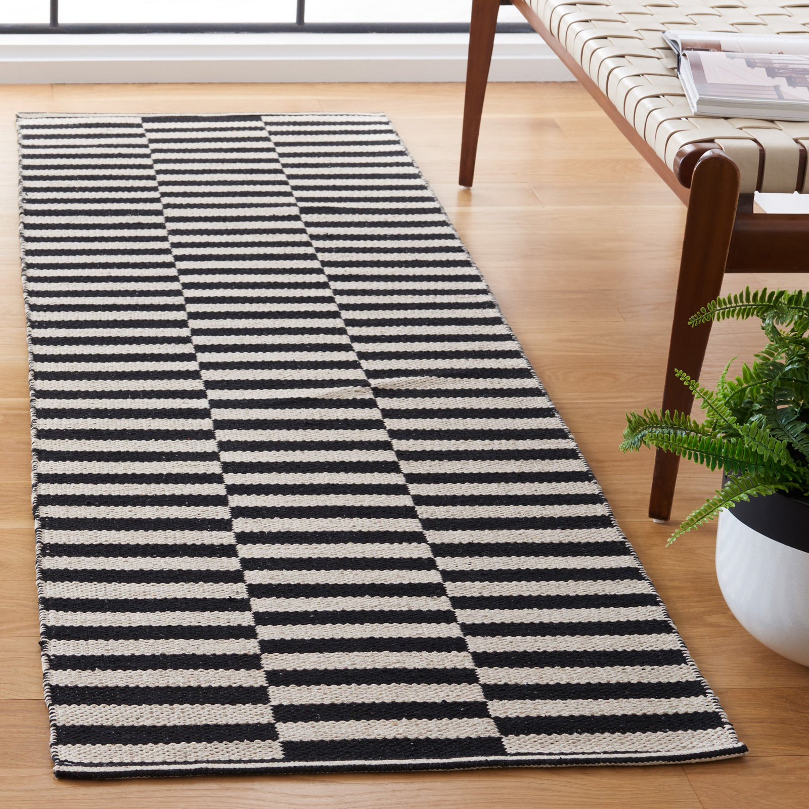 Ilona Ivory Black Striped Cotton Rug, Runner 2'3" x 7'