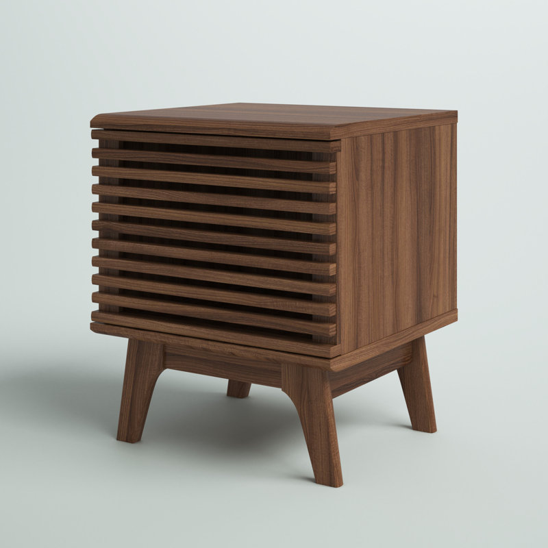 Walnut Mid-Century Modern Vinyl Record Display Stand with Hinged Door