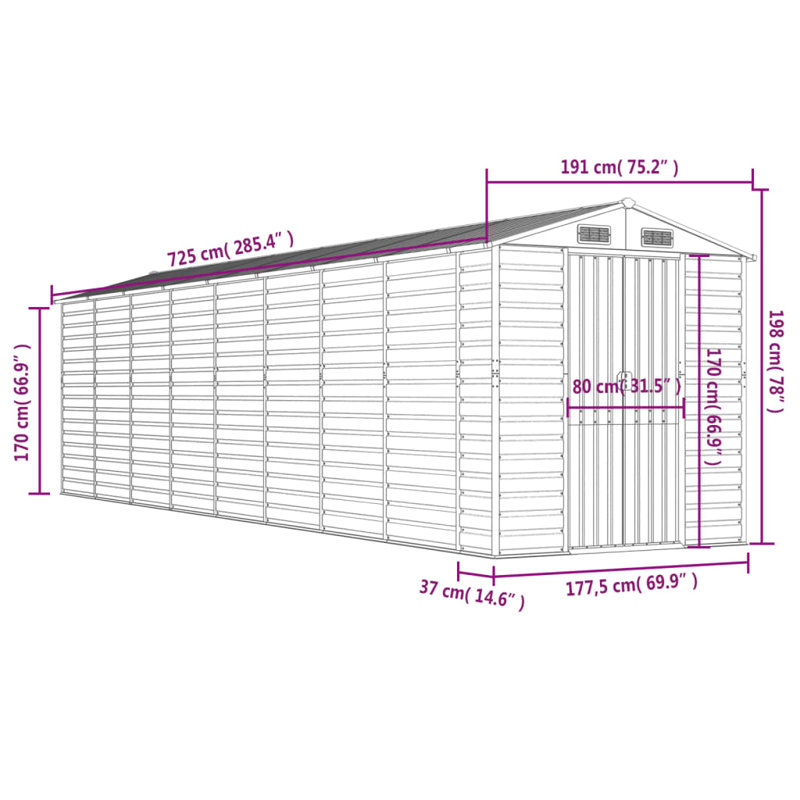 Brenza Garden Shed 191x725x198 cm Galvanised Steel, Anthracite