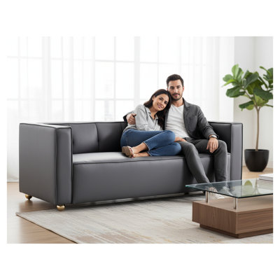 Tufted Low Back 3-Seater Sofa with Square Arms in Grey Polyester Upholstery