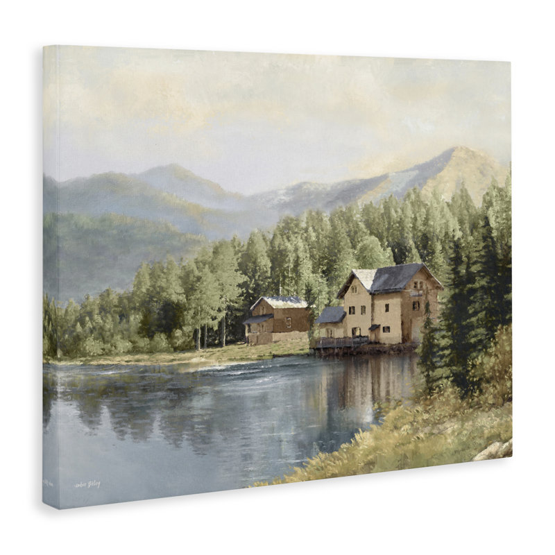 Art mural sur toile Lakeside Cabin with Mountain View, design par Amber Sterling, H 24 po x l 30 po