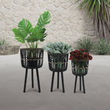 Handwoven Bamboo and Pine Wood Planters with Tripod Base, Decorative Woven Design, Durable Construction, Set of 3